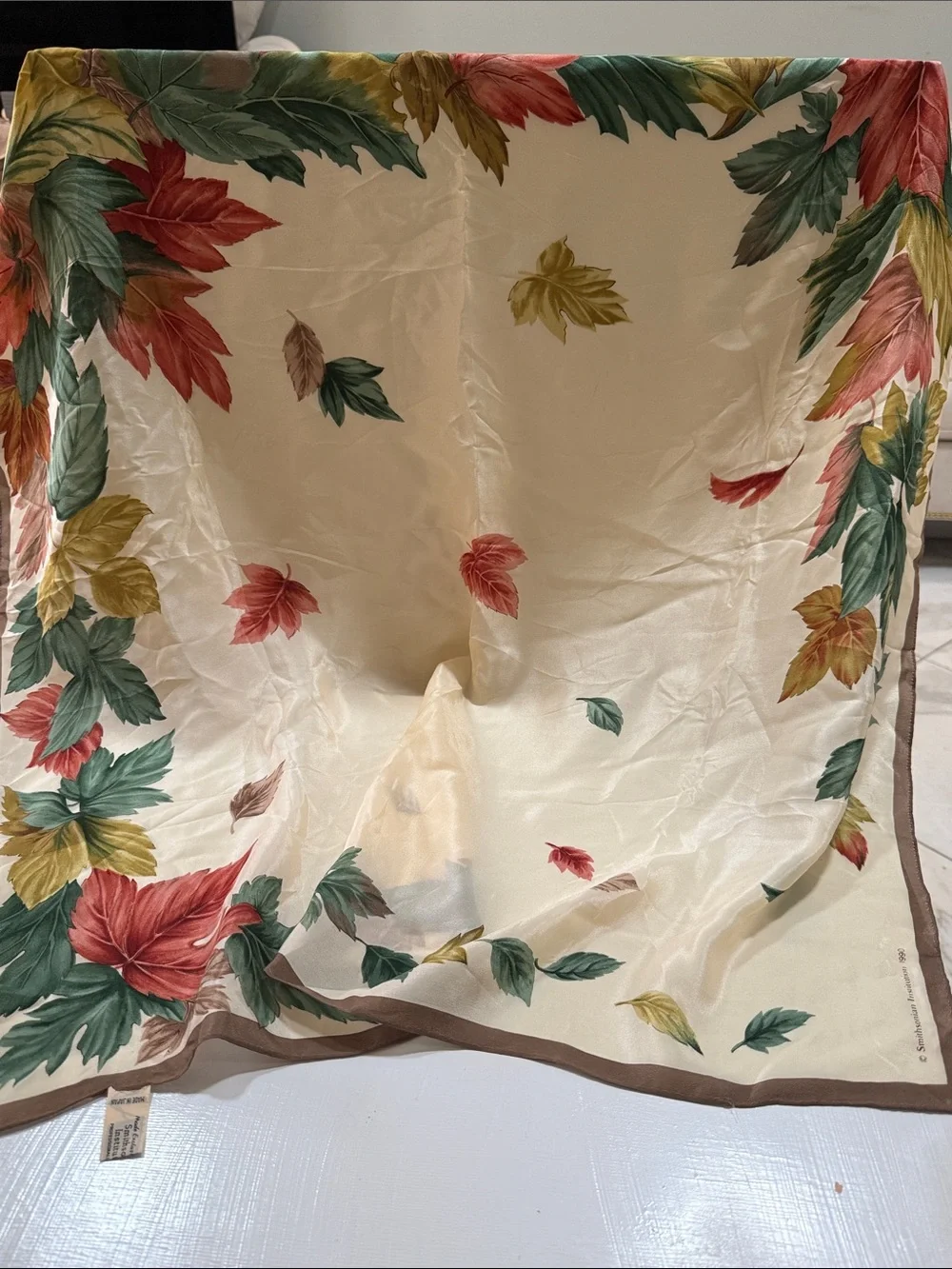 Smithsonian 1990 Silk-Cream Floral Autumn Leaf Scarf Brown Border New never used